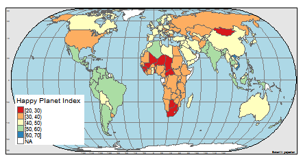 Choropleth world map of the Happy Planet Index