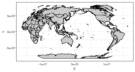 World map with a shifted central meridian