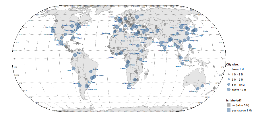 World map in Eckert IV projection with labelled cities