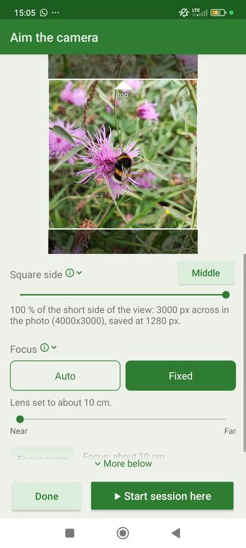 FaunaLapse aiming screen showing a bumblebee on a pink flower