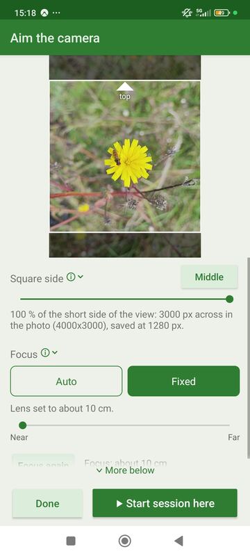 FaunaLapse aiming screen showing a hoverfly on a yellow flower